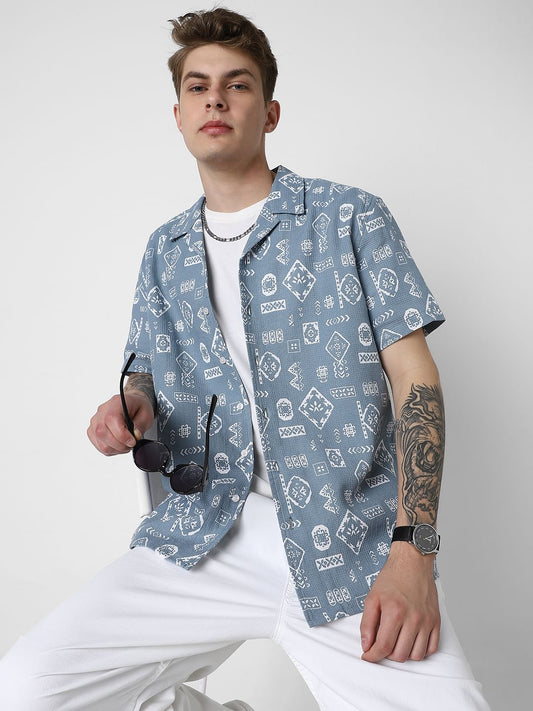 Ocean Blue Intricate Printed Oversized Shirt