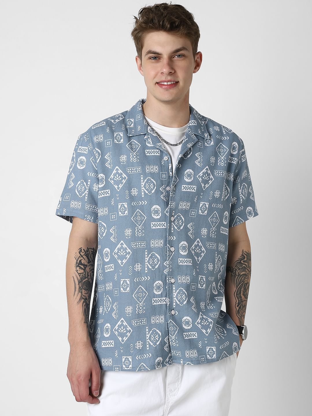 Ocean Blue Intricate Printed Oversized Shirt
