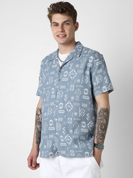 Ocean Blue Intricate Printed Oversized Shirt