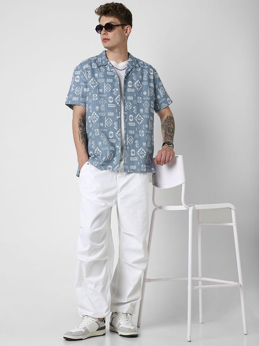 Ocean Blue Intricate Printed Oversized Shirt