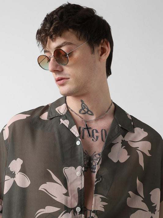 Floral Artistry Olive Oversized Chiffon Shirt