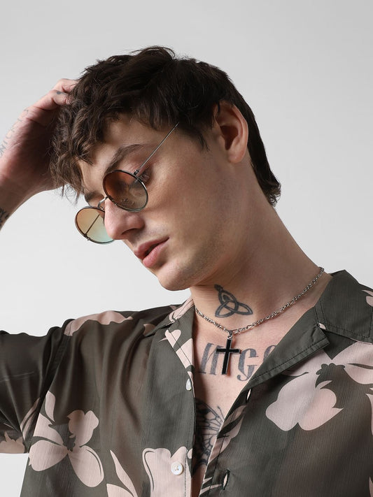 Floral Artistry Olive Oversized Chiffon Shirt