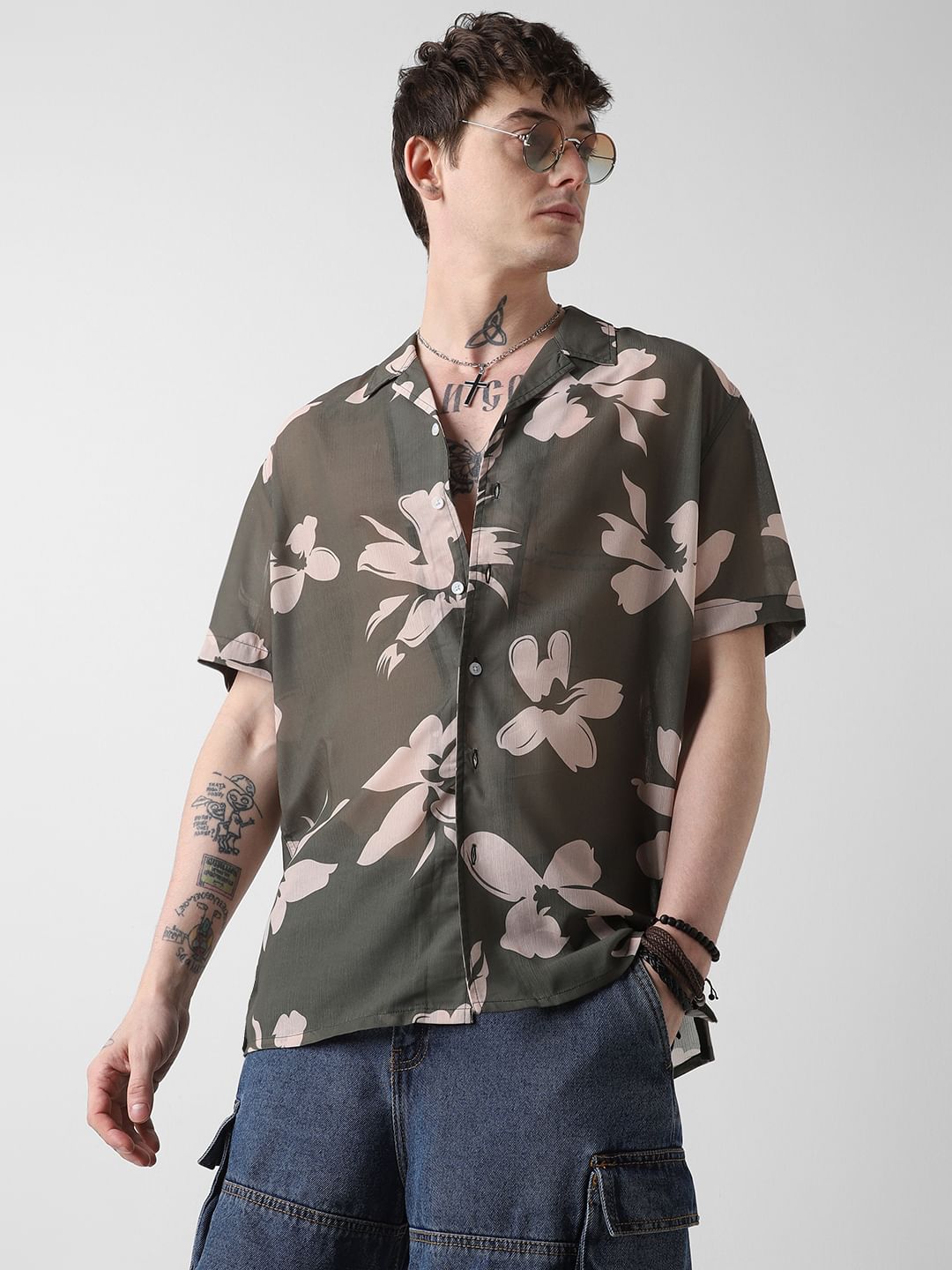 Floral Artistry Olive Oversized Chiffon Shirt