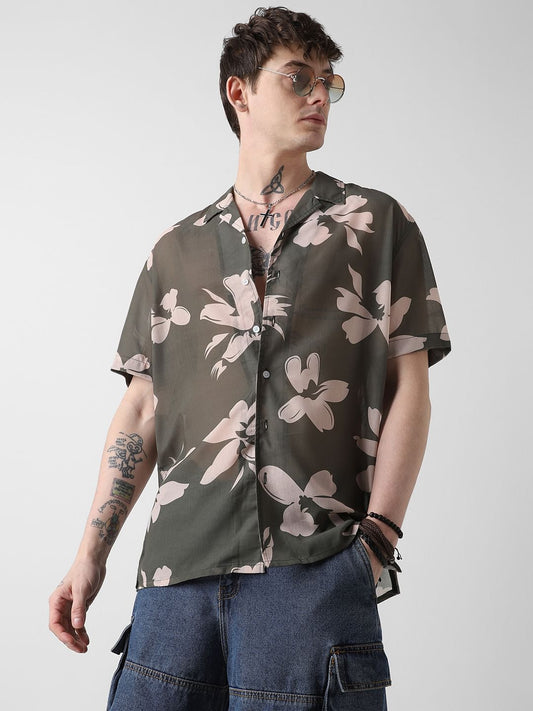 Floral Artistry Olive Oversized Chiffon Shirt