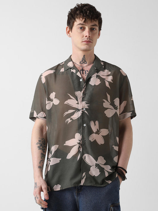 Floral Artistry Olive Oversized Chiffon Shirt