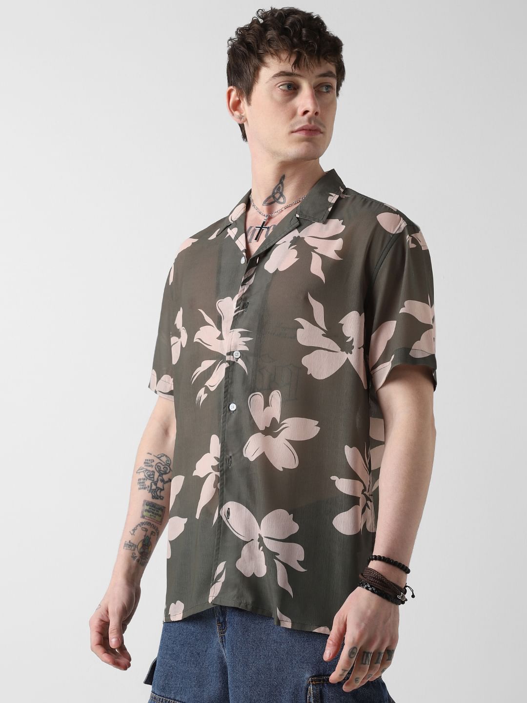 Floral Artistry Olive Oversized Chiffon Shirt
