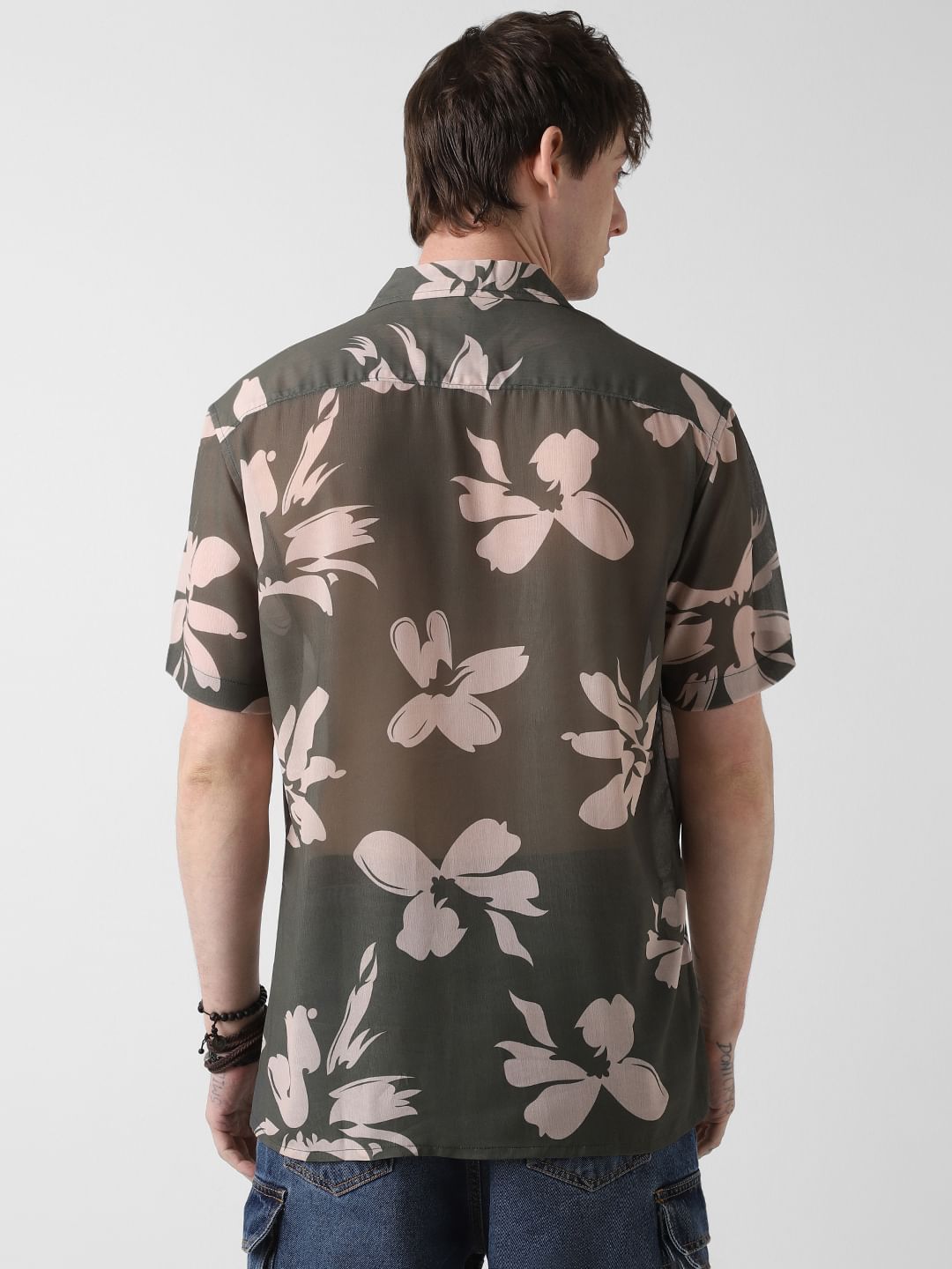 Floral Artistry Olive Oversized Chiffon Shirt