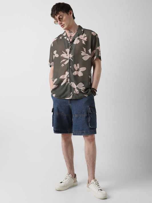 Floral Artistry Olive Oversized Chiffon Shirt