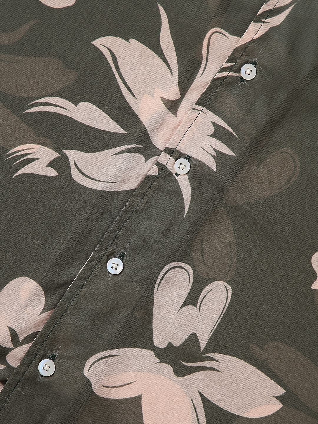 Floral Artistry Olive Oversized Chiffon Shirt