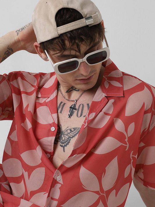 Floral Artistry Vermillion Red Chiffon Oversized Shirt