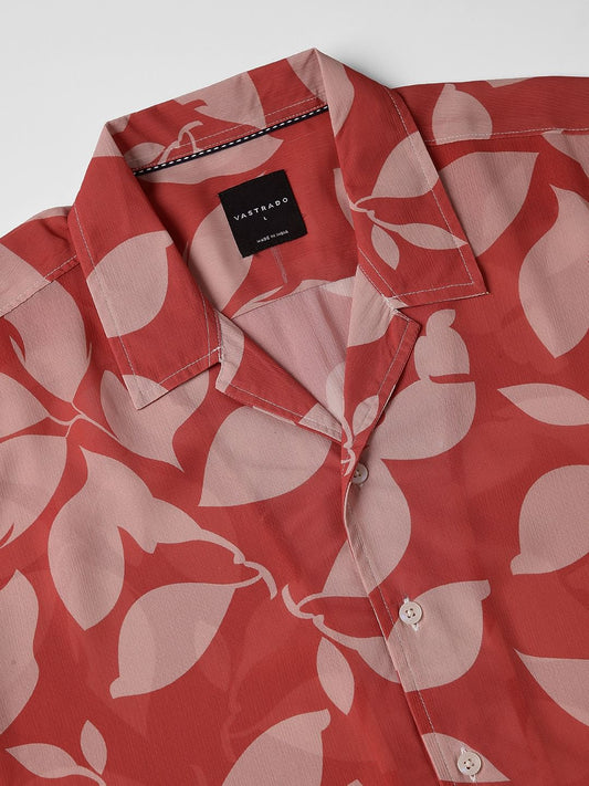 Floral Artistry Vermillion Red Chiffon Oversized Shirt