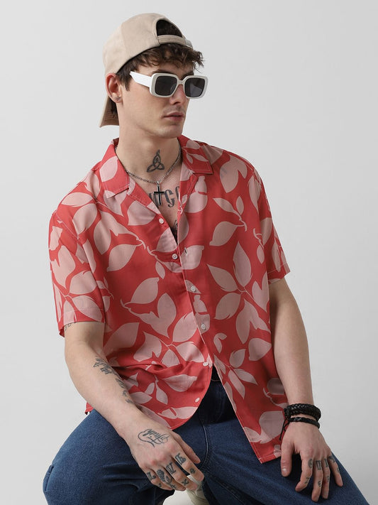 Floral Artistry Vermillion Red Chiffon Oversized Shirt