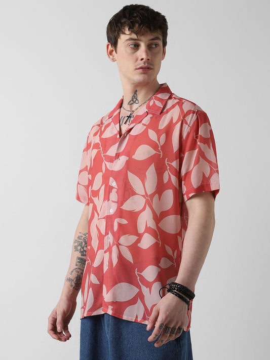 Floral Artistry Vermillion Red Chiffon Oversized Shirt