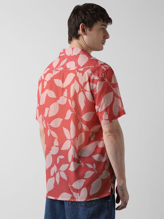 Floral Artistry Vermillion Red Chiffon Oversized Shirt