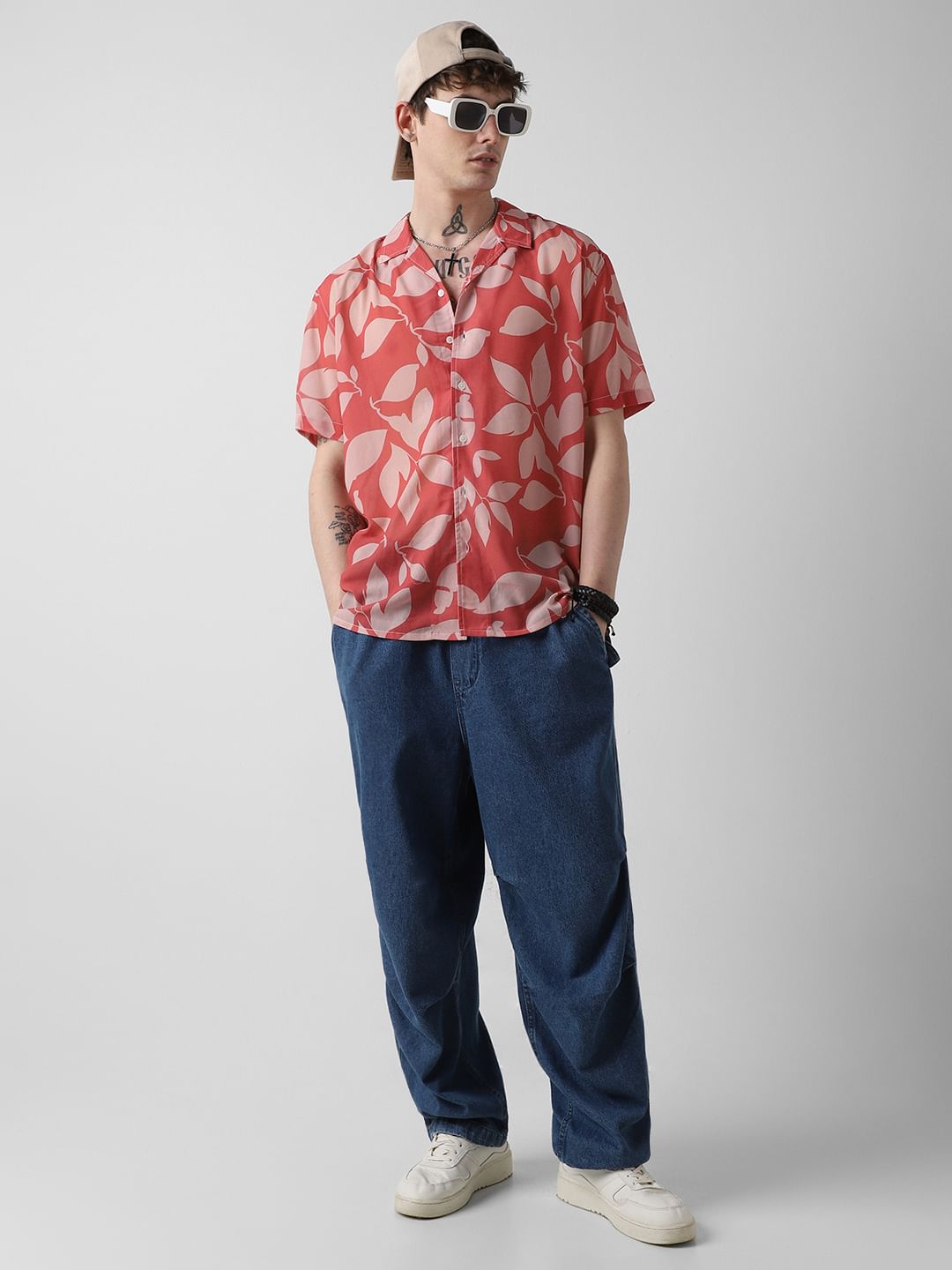 Floral Artistry Vermillion Red Chiffon Oversized Shirt