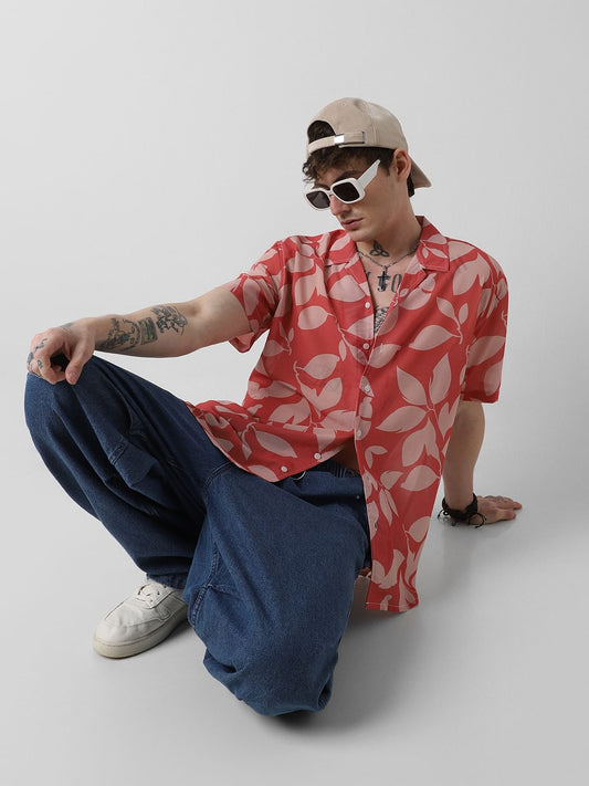 Floral Artistry Vermillion Red Chiffon Oversized Shirt