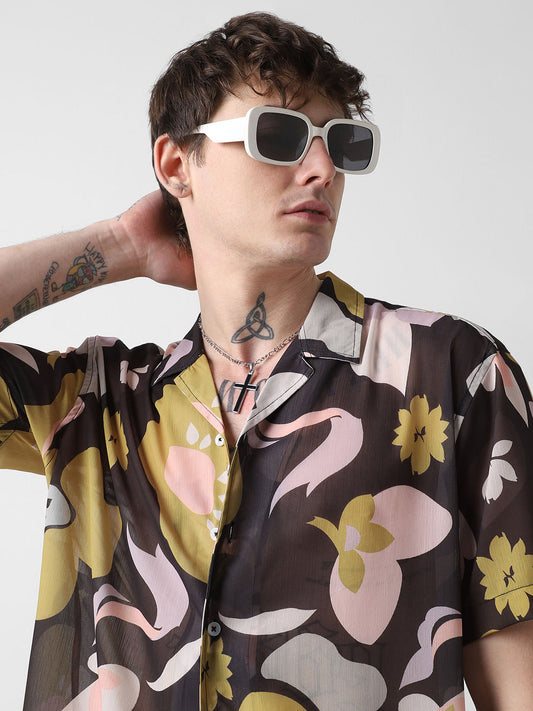 Floral Artistry Black Chiffon Oversized Shirt