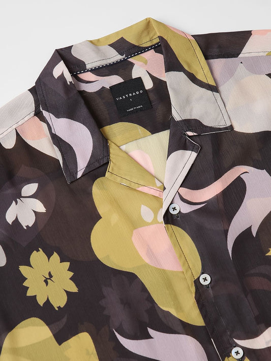Floral Artistry Black Chiffon Oversized Shirt