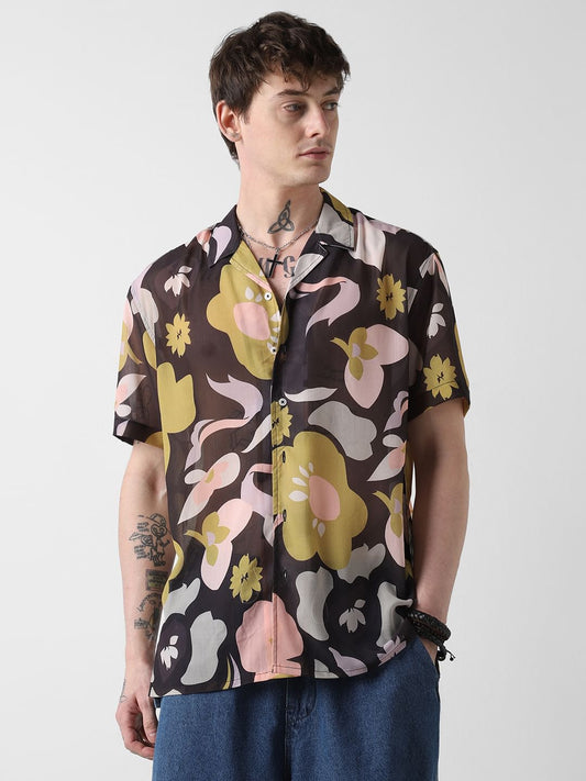 Floral Artistry Black Chiffon Oversized Shirt