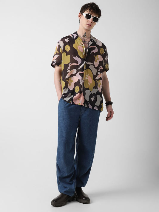 Floral Artistry Black Chiffon Oversized Shirt