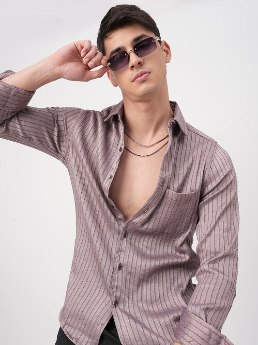Chocolate Brown Textured Striped Shirt