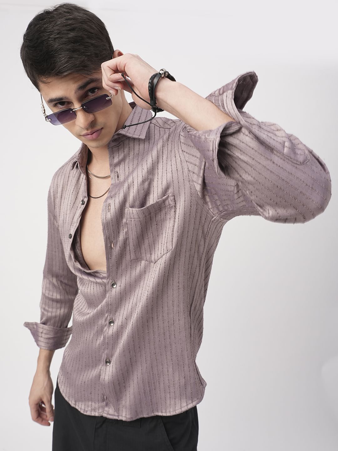 Chocolate Brown Textured Striped Shirt