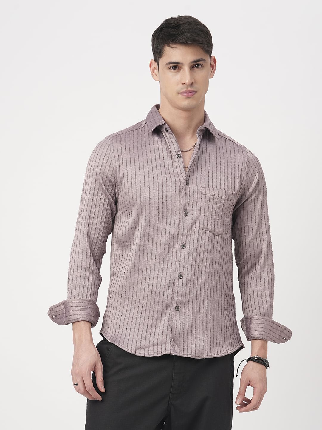 Chocolate Brown Textured Striped Shirt