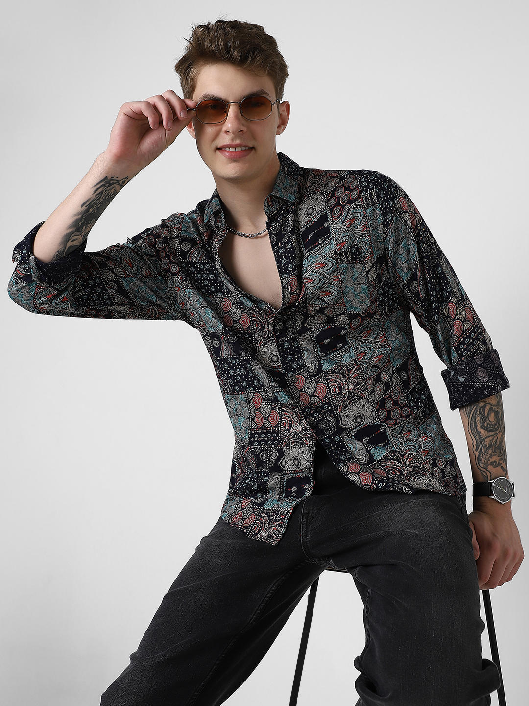 Black Futuristic Fusion Foil Printed Shirt