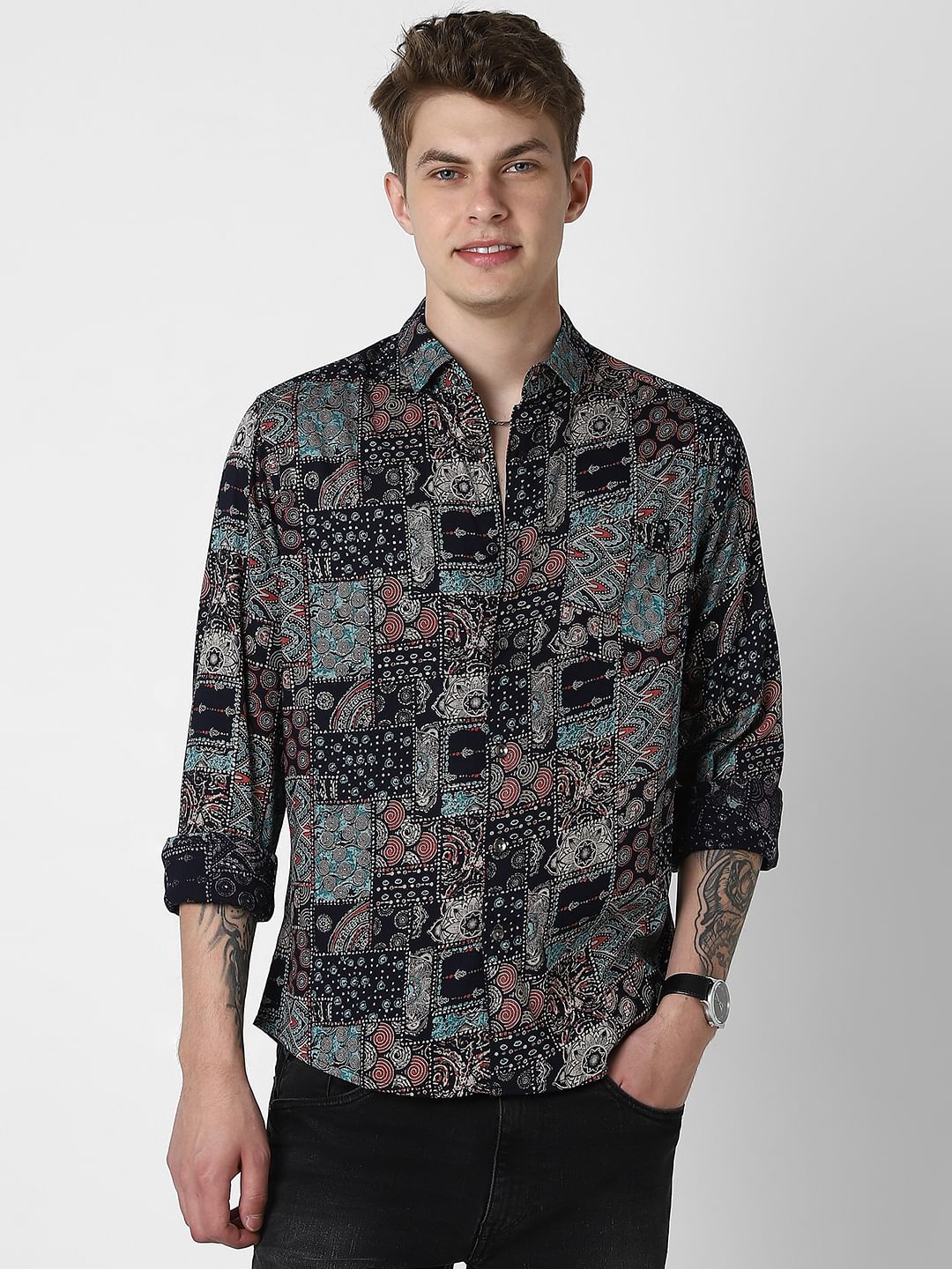 Black Futuristic Fusion Foil Printed Shirt