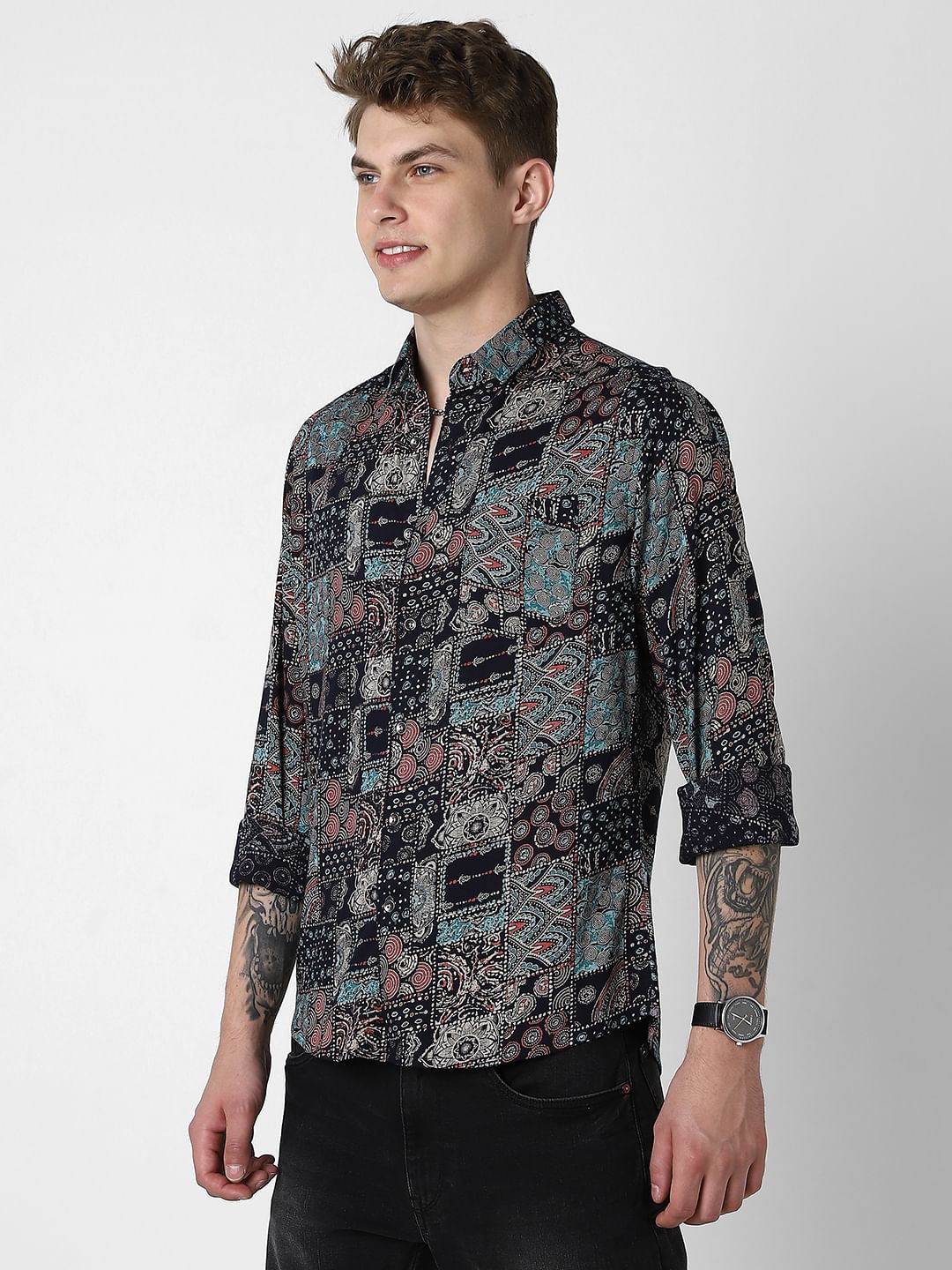 Black Futuristic Fusion Foil Printed Shirt
