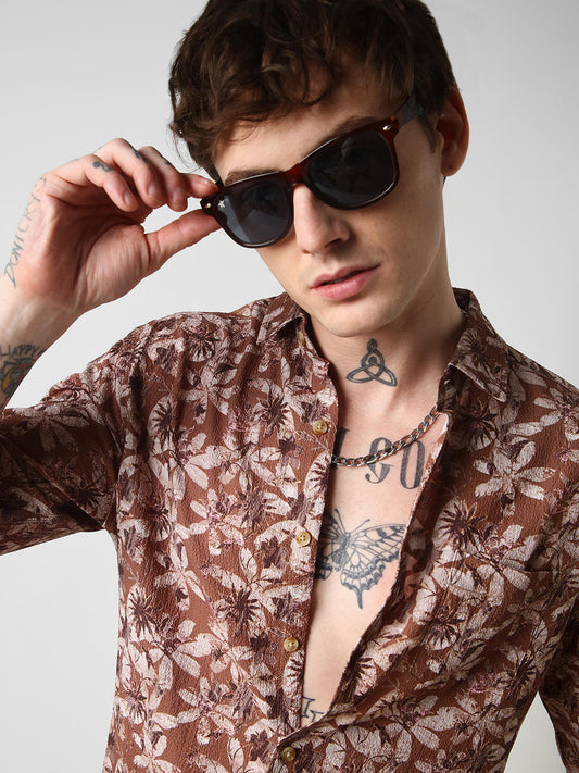 Voguish Creased Brown Floral Shirt