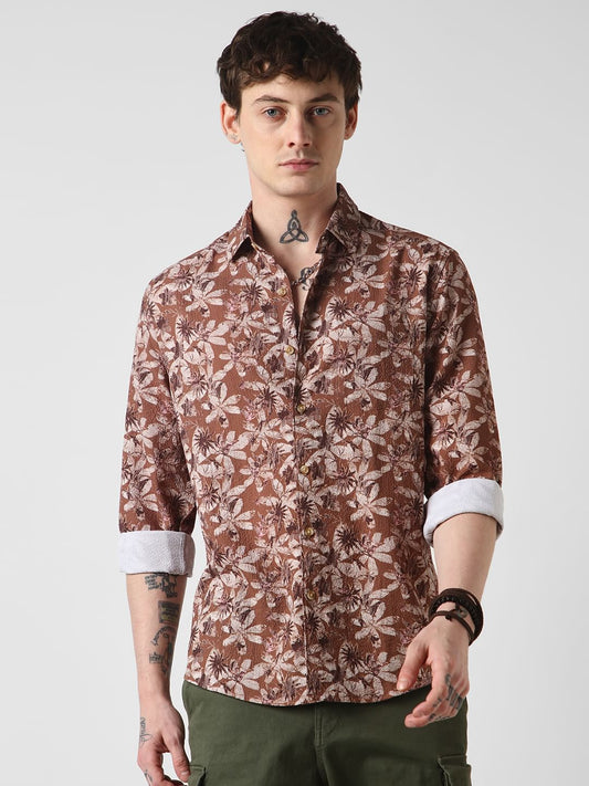 Voguish Creased Brown Floral Shirt