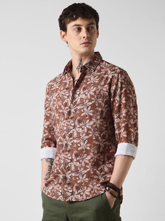 Voguish Creased Brown Floral Shirt