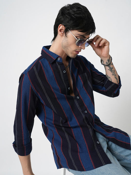 Ingenious Navy Streaky Striped Dobby Shirt