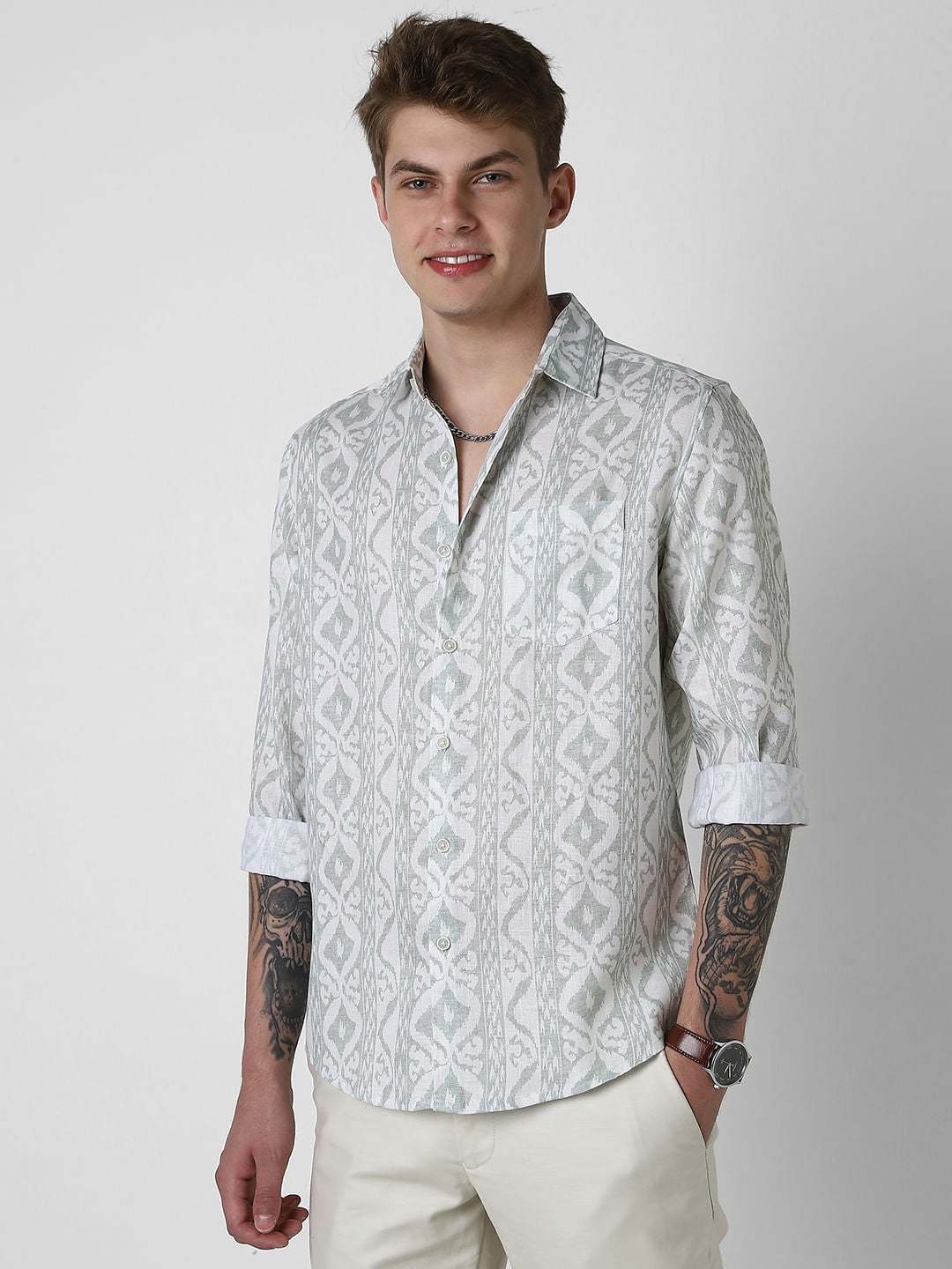 Ikat Printed Sage Green Shirt