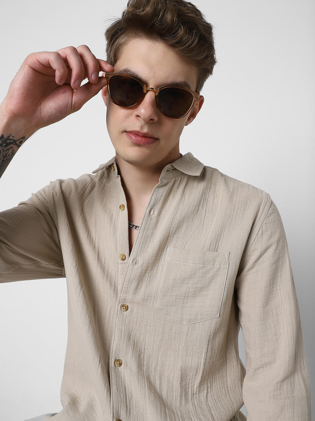 Sand Beige Double Cloth Crinkled Shirt