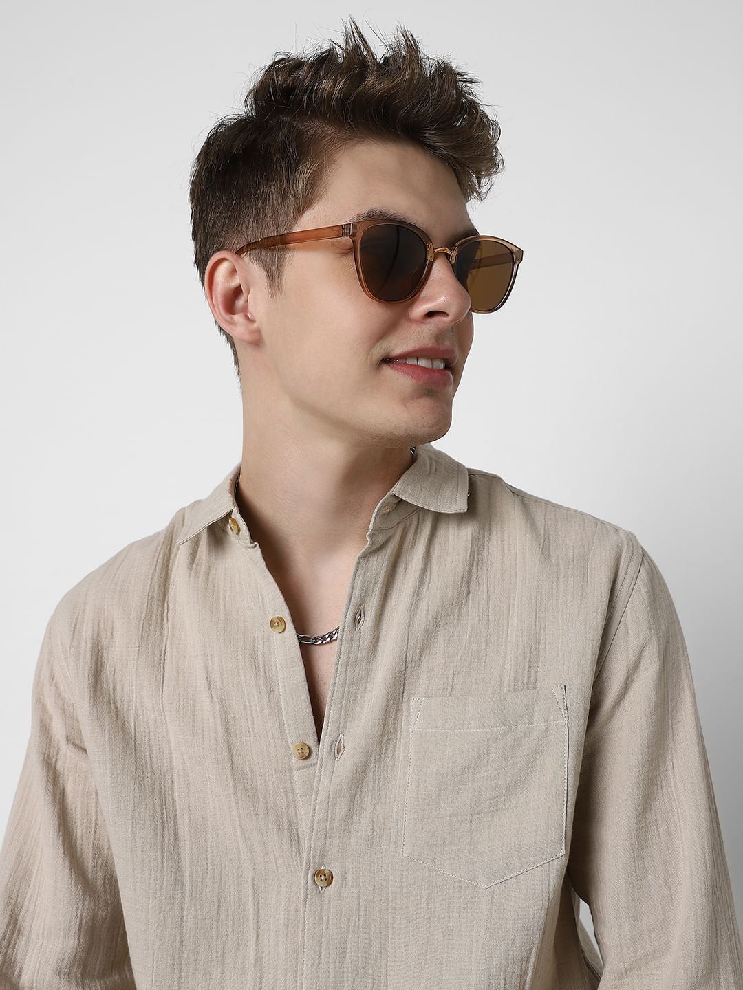 Sand Beige Double Cloth Crinkled Shirt
