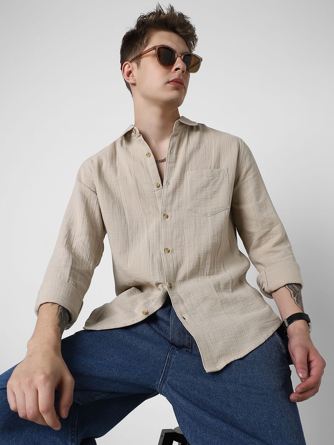 Sand Beige Double Cloth Crinkled Shirt