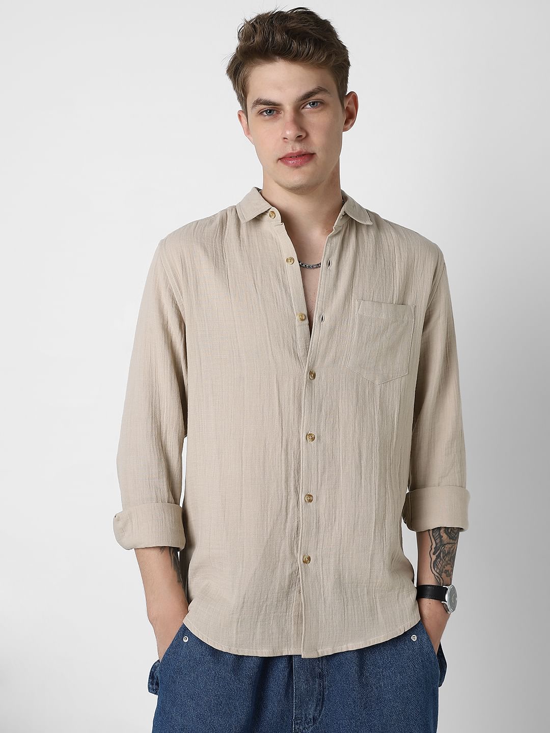 Sand Beige Double Cloth Crinkled Shirt