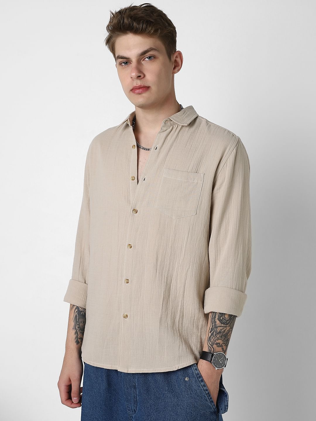 Sand Beige Double Cloth Crinkled Shirt
