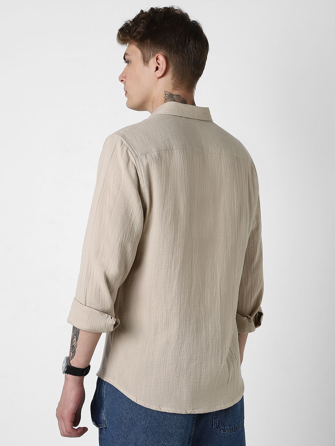 Sand Beige Double Cloth Crinkled Shirt