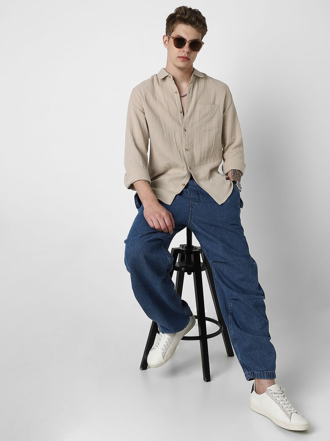 Sand Beige Double Cloth Crinkled Shirt