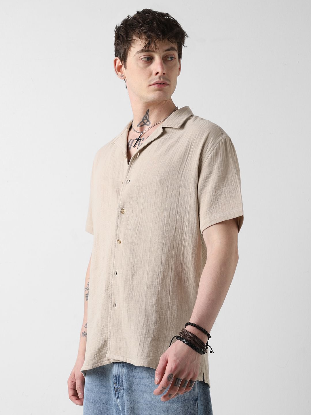 Solid Beige Double Cloth Notch Collar Oversized Shirt