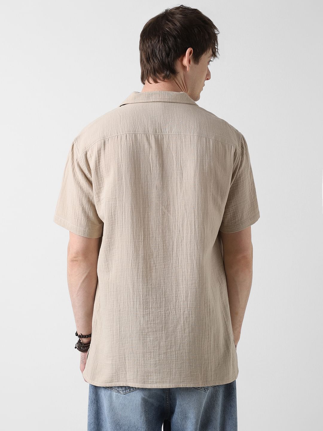 Solid Beige Double Cloth Notch Collar Oversized Shirt