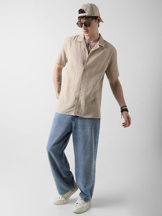 Solid Beige Double Cloth Notch Collar Oversized Shirt