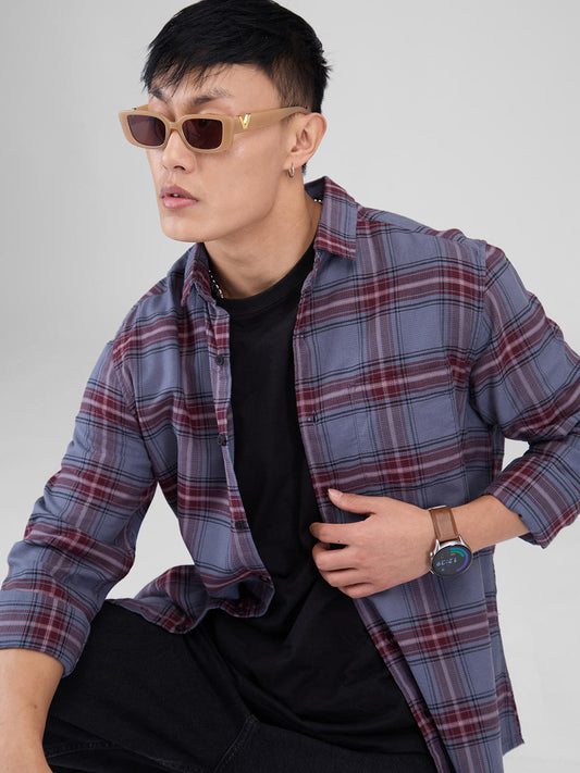 Premium Cotton Grey & Maroon Tartan Checkered Shirt