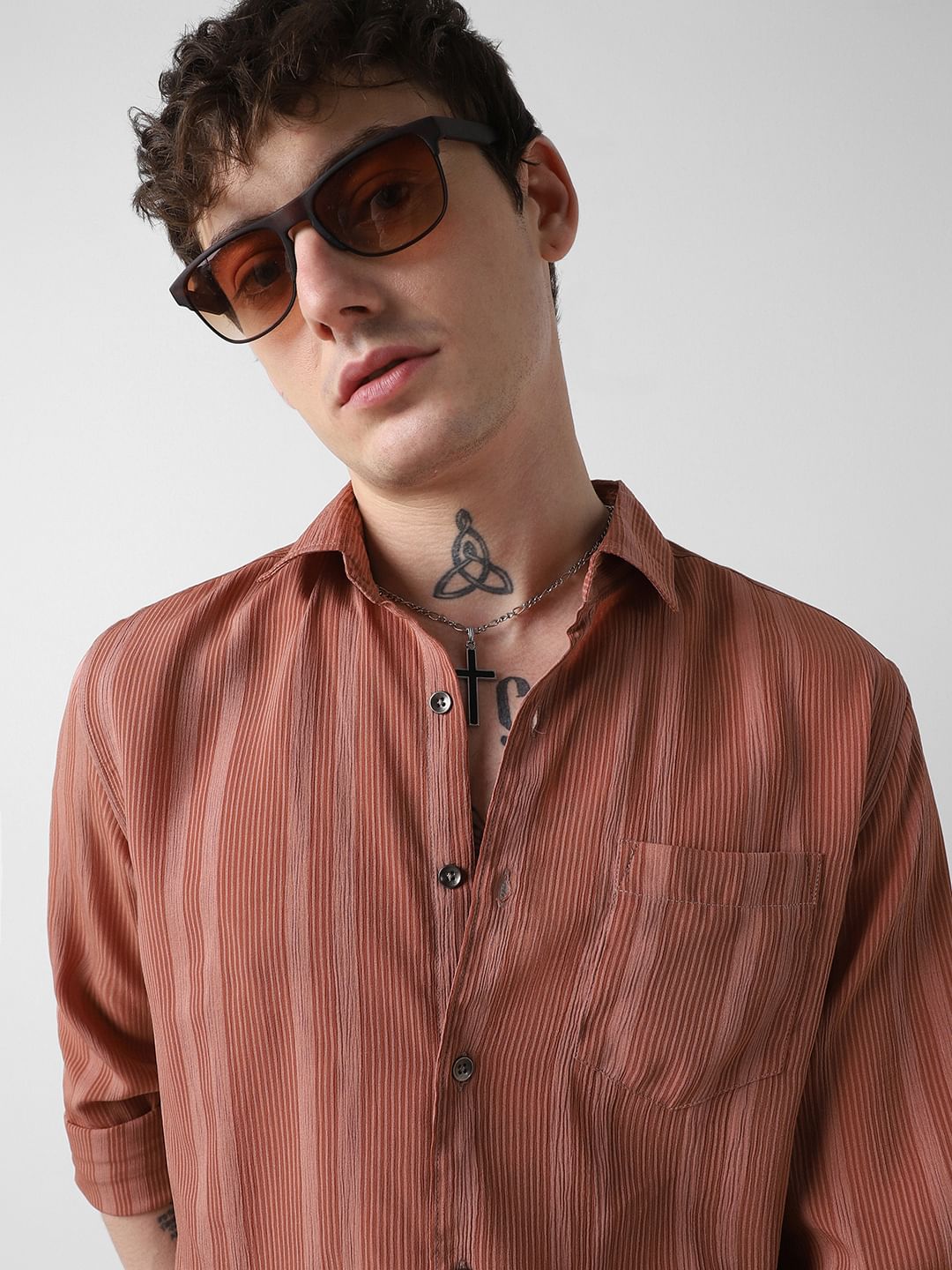 Dapper Brick Red Striped Crepe Shirt