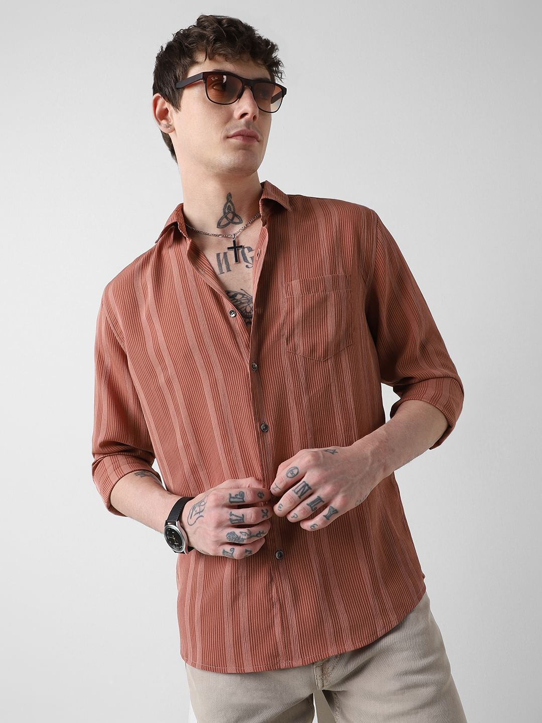 Dapper Brick Red Striped Crepe Shirt