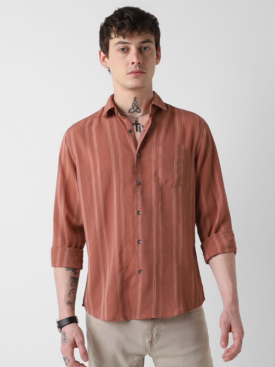 Dapper Brick Red Striped Crepe Shirt