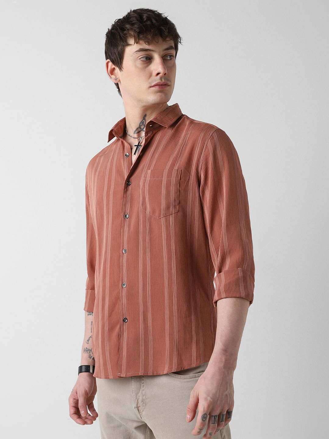 Dapper Brick Red Striped Crepe Shirt